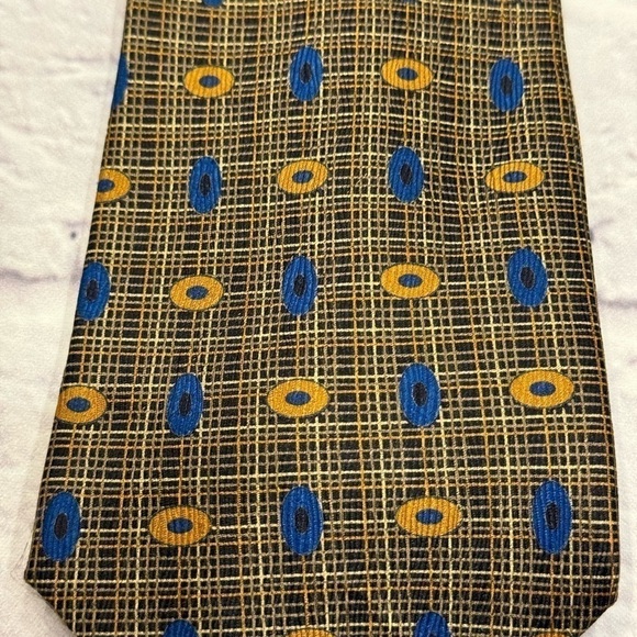Anthime Mouley 100% Silk Tie Made in France Luxury Blue Gold Yellow Geometric - Picture 2 of 4